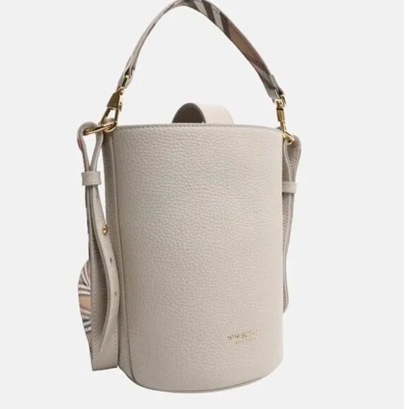 Burberry Small Grainy Leather Bucket Bag Limestone, house check strap - Picture 1 of 15